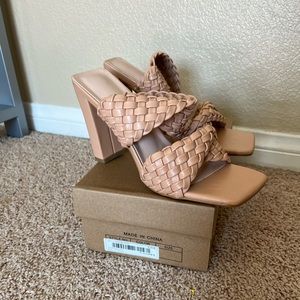 Nude peach, braided, heeled sandals